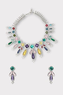 White Finish Zircon & Multi-Colored Stone Necklace Set