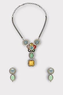 White Finish Kundan Polki & Multi-Colored Synthetic Stone Enameled Long Necklace Set