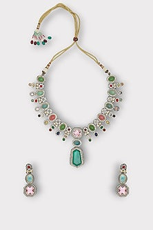 White Finish Kundan Polki & Multi-Colored Synthetic Stone Enameled Long Necklace Set