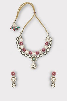 White Finish Kundan Polki & Multi-Colored Stone Necklace Set