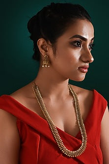 Gold Finish Multi-Colored Stone Long Temple Necklace Set
