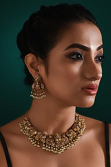 Gold Finish Multi-Colored Stone & Pearl Drop Temple Necklace Set