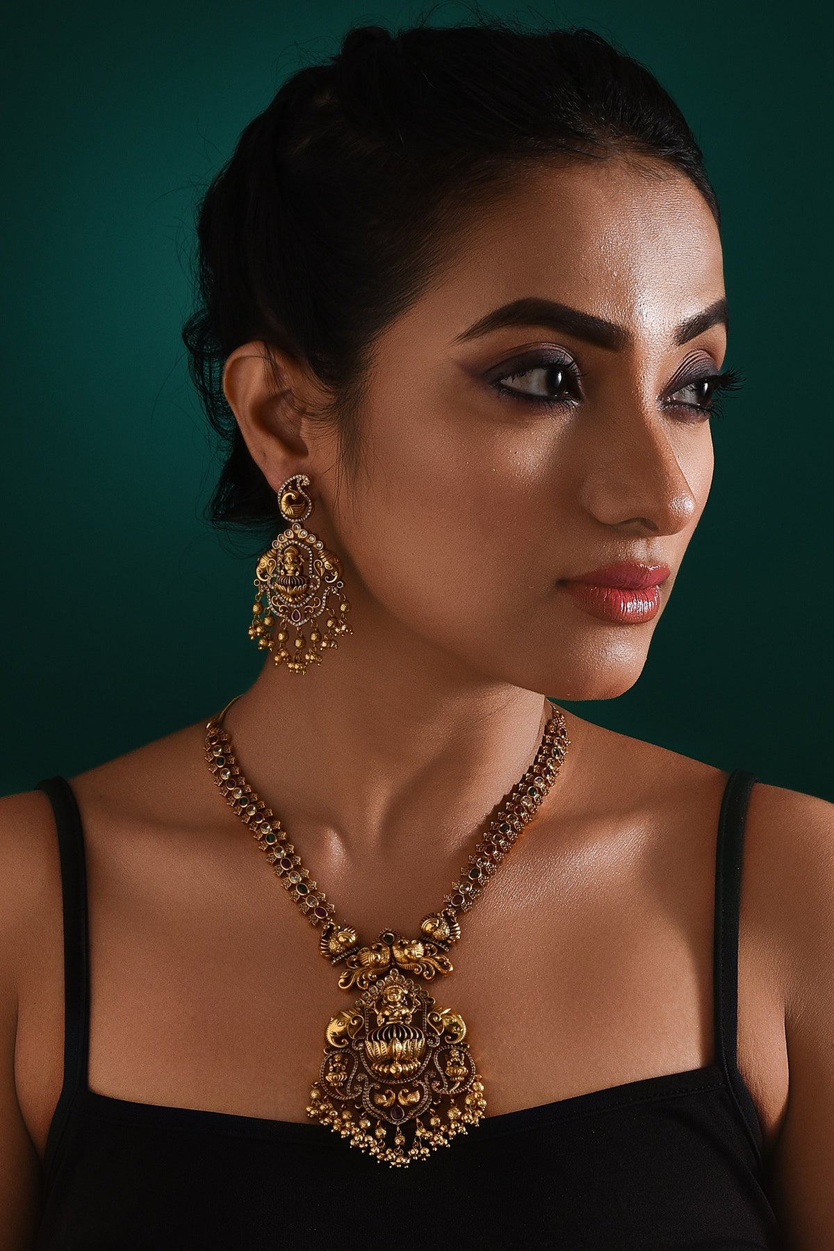 Gold Finish Multi-Colored Stone & Pearl Drop Long Pendant Temple Necklace Set