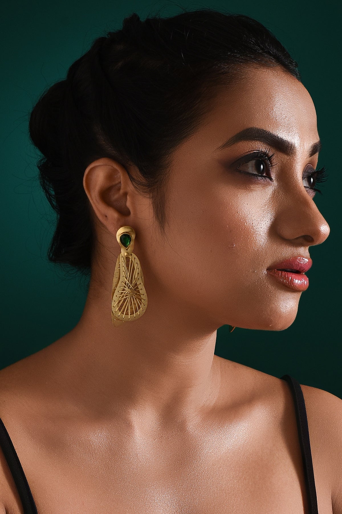 Gold Finish Emerald Stone Dangler Earrings