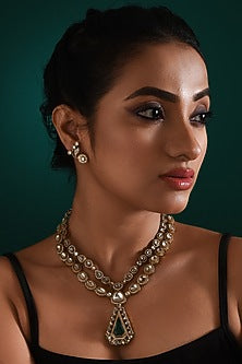 Gold Finish Kundan Polki & Emerald Stone Necklace Set