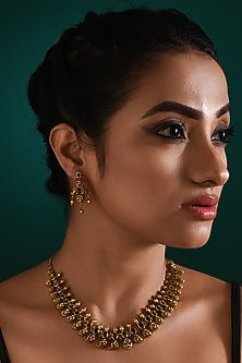 Gold Finish Multi-Colored Stone Temple Necklace Set