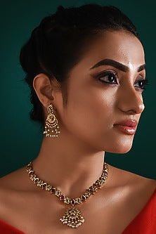 Gold Finish Multi-Colored Stone Temple Necklace Set