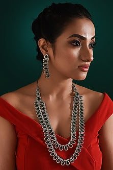 White Finish Zircon & Emerald Stone Long Necklace Set
