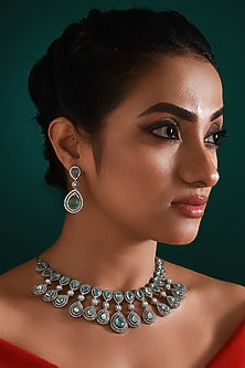 White Finish Zircon & Aqua Stone Necklace Set