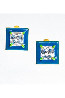 Gold Finish Square-Shaped Zircon Blue Enameled Stud Earrings
