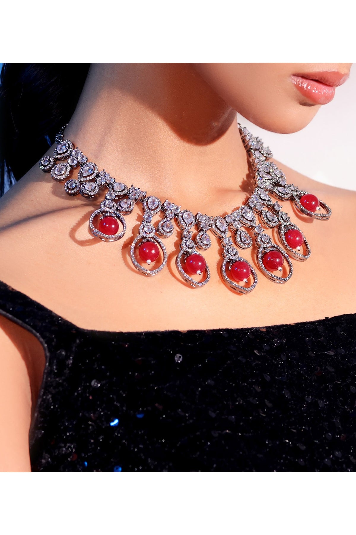 Gold Finish American Diamond & Ruby Stone Necklace Set
