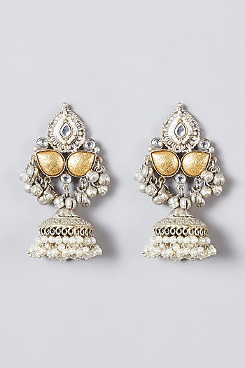 Oxidised Silver Finish Kundan Polki & Pearl Jhumka Earrings