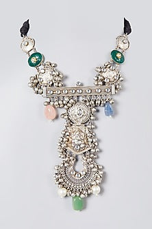 Oxidised Silver Finish Kundan Polki & Pearl Choker Necklace