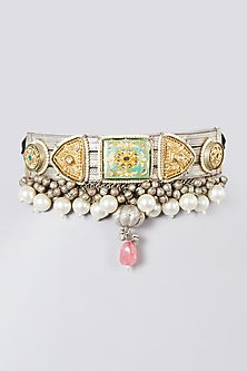 Oxidised Silver Finish Kundan Polki & Pearl Choker Necklace