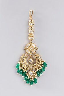 Gold Finish Kundan Polki & Green Stone Necklace Set