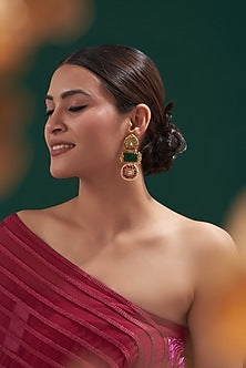 Gold Plated Kundan Polki & Emerald Dangler Earrings