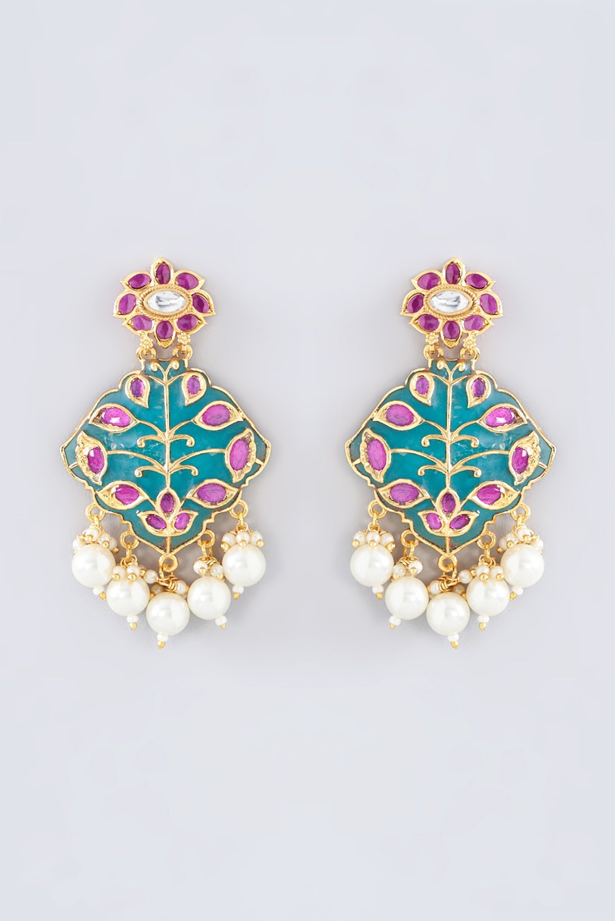 Gold Plated Green Kundan Polki & Ruby Dangler Earrings