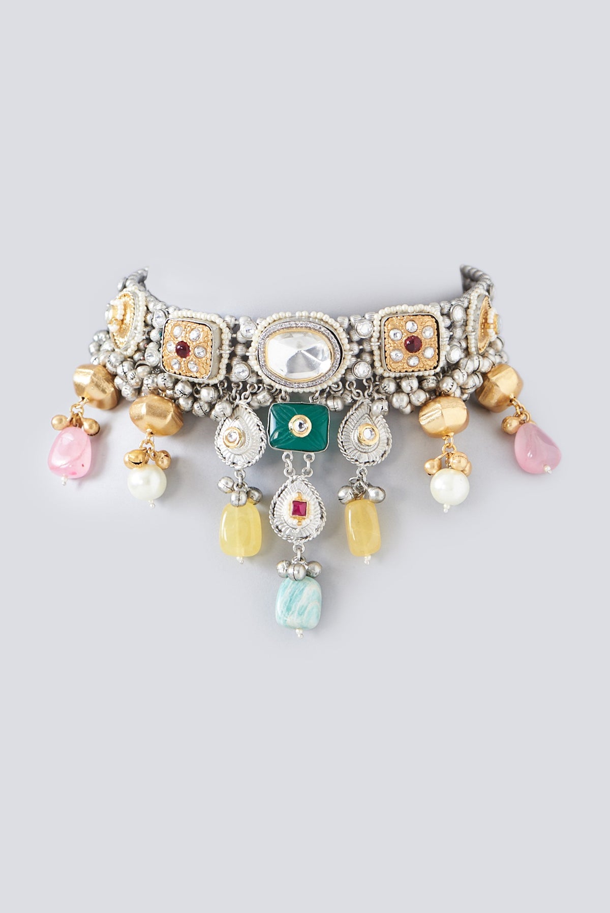 Oxidized Finish Multi-Colored Stone & Kundan Polki Necklace