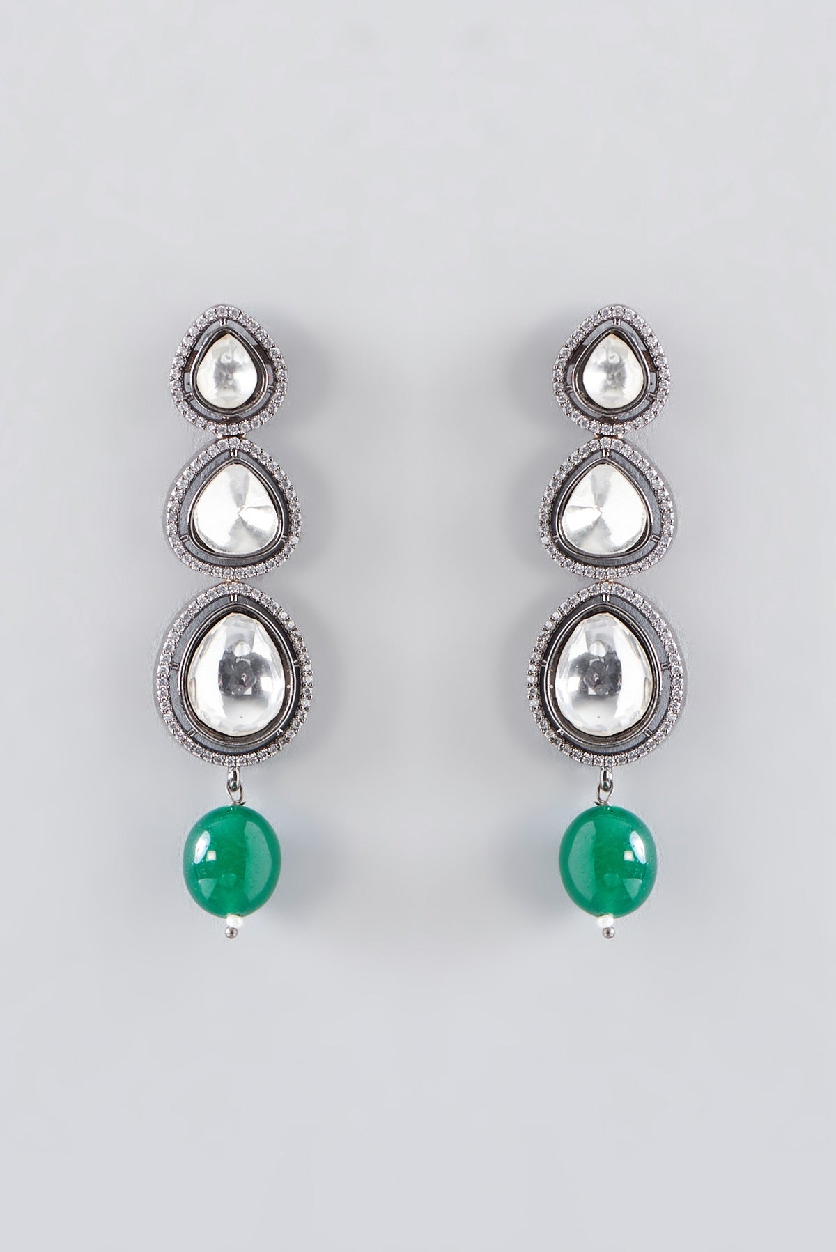 Black Rhodium Finish Kundan Polki & Green Pearl Necklace Set