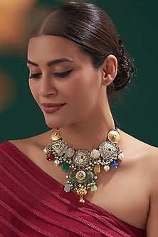Oxidised Finish Kundan Polki & Natural Stone Necklace
