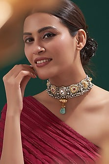 Oxidised Finish Kundan Polki & Natural Stone Choker Necklace