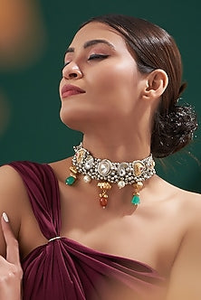 Oxidised Finish Kundan Polki & Natural Stone Choker Necklace