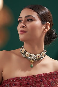 Oxidised Finish Kundan Polki & Natural Stone Choker Necklace