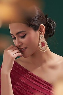 Gold Plated Kundan Polki & Red Stone Dangler Earrings