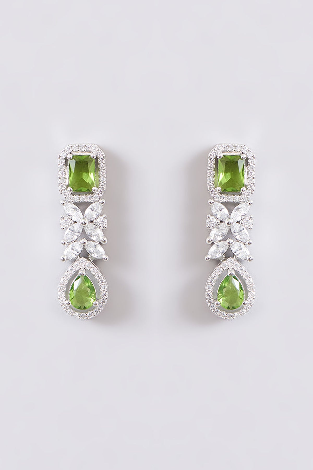 White Finish Diamond & Light Green Stone Necklace Set