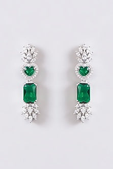 White Finish Faux Diamond & Green Stone Long Necklace Set