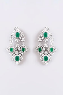 White Finish Faux Diamond & Green Stone Dangler Earrings
