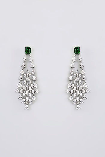 White Finish Diamond & Green Stone Pendant Necklace Set