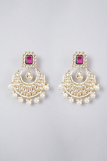 Gold Plated Kundan Polki & Ruby Chandbali Earrings