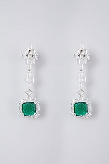 White Finish Diamond & Emerald Stone Dangler Earrings