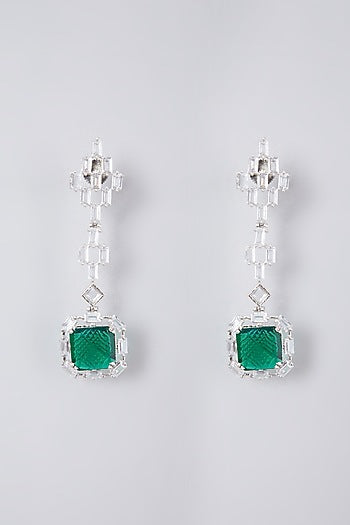White Finish Diamond & Emerald Stone Dangler Earrings
