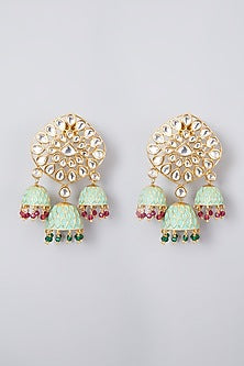 Gold Plated Kundan Polki Triple Meenakari Jhumka Earrings