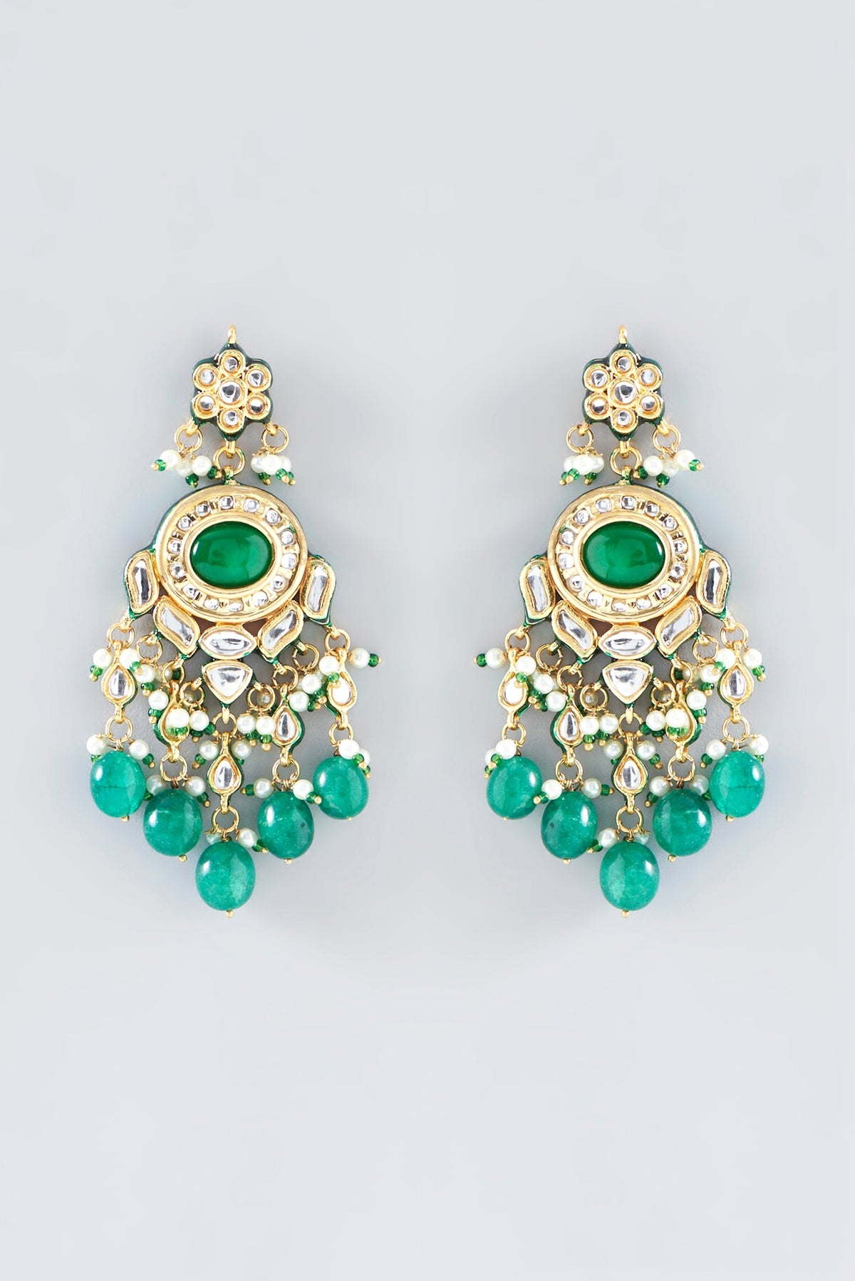 Gold Finish Kundan Polki & Green Stone Necklace Set
