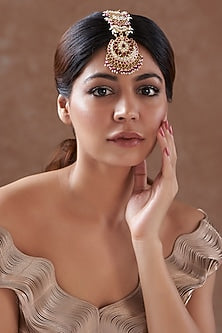 Gold Finish Red Kundan Polki & Pearl Maang Tikka