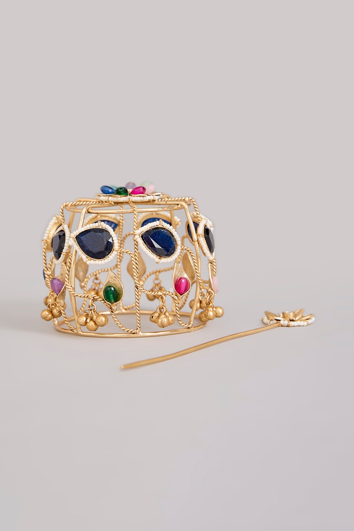 Gold Finish Kundan Polki & Multi-Colored Stone Hair Bun