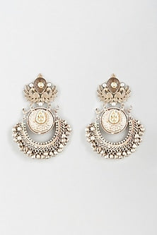 Oxidised Finish Kundan Polki & Pearl Chandbali Earrings