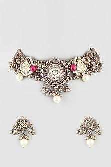 Oxidised Finish Kundan Polki & Pink Stone Choker Necklace Set