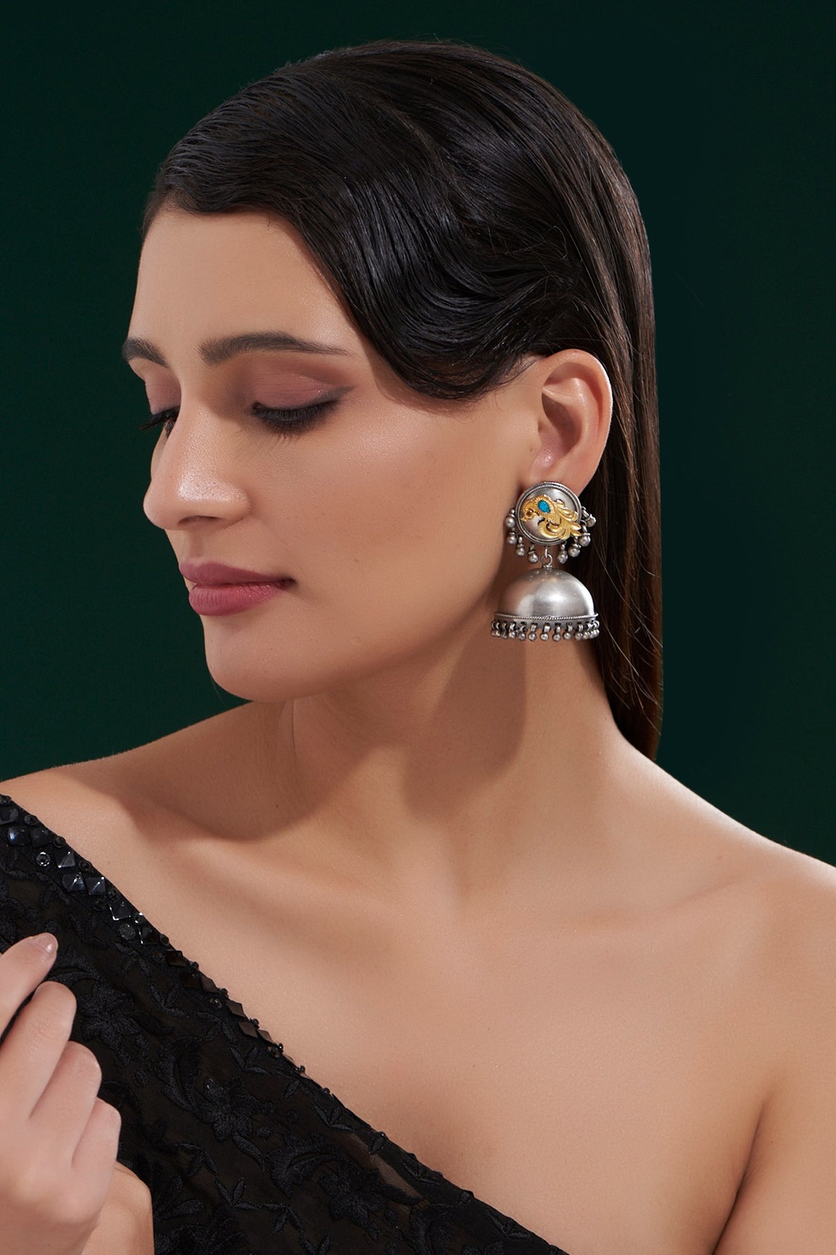 Oxidised Silver Finish Kundan Stone Jhumka Earrings In Sterling Silver