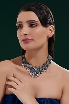 Oxidised Silver Finish Green Stone Necklace In Sterling Silver