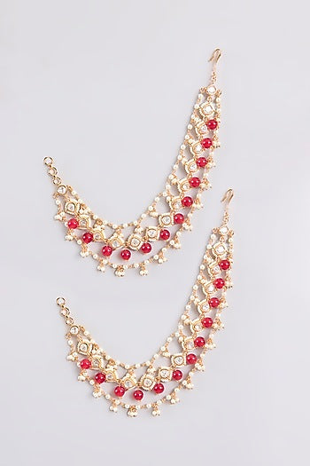 Gold Finish Kundan Polki & Red Pearl Earchains