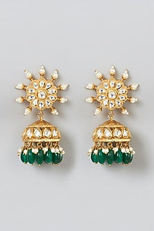 22Kt Gold Plated Kundan Polki & Green Drop Jhumka Earrings