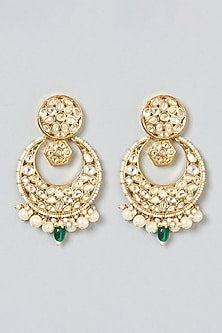 Gold Finish Kundan Polki & Pearl Chandbali Earrings