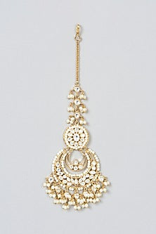 Gold Finish Kundan Polki & Pearl Hanging Maangtikka