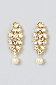 Gold Plated Kundan Polki & Pearl Drop Dangler Earrings