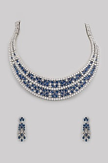 White Finish Diamond & Blue Stone Necklace Set
