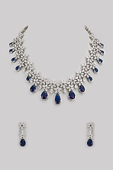 White Finish Diamond & Blue Stone Necklace Set
